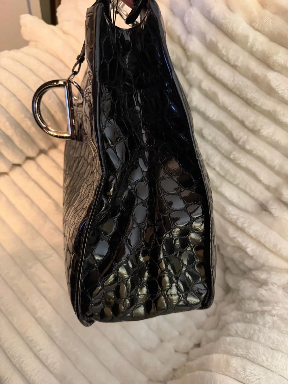 2008 Dior Black Croc-Embossed Patent Leather Satchel 61 Tote